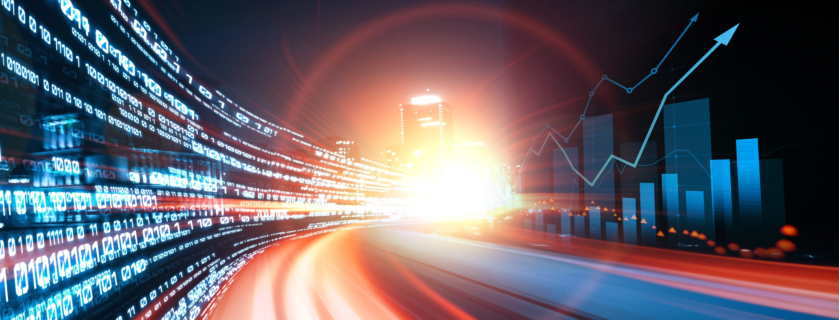 Abstract digital illustration of glowing data streams and bar charts merging with a city skyline
