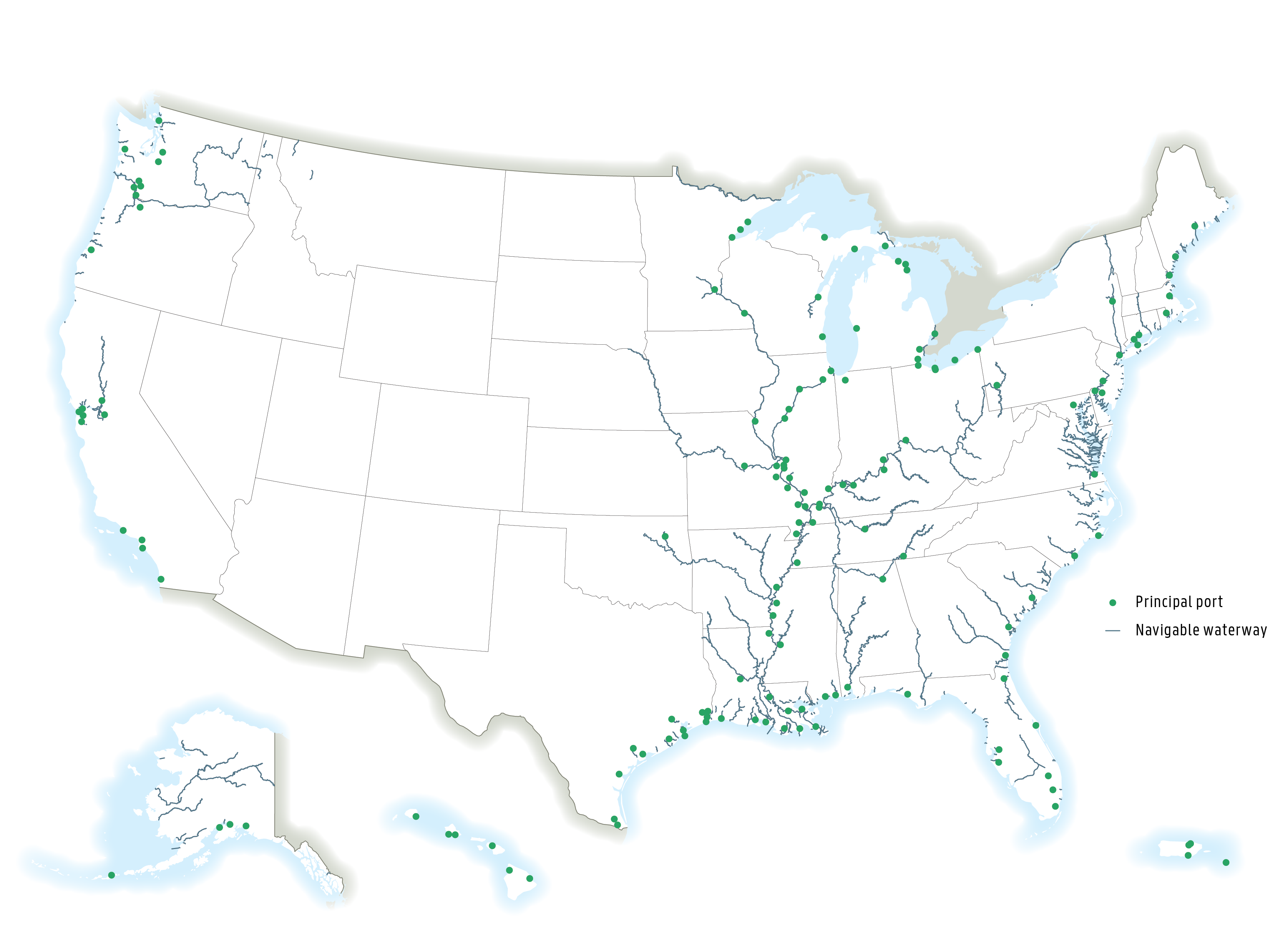 This map depicts the locations of the top 150 principal ports and the navigable waterway network in the contiguous United States, Alaska, Hawaii, and Puerto Rico. The Mississippi River network; the Great Lakes and St. Lawrence Seaway; and coastal ports on the Atlantic, Pacific, and Gulf coasts are included. Ports in the contiguous United States are concentrated along the Mississippi River, coastal Northeast, the Great Lakes, and the Pacific coast. Ports in Alaska are concentrated in the southern part of the