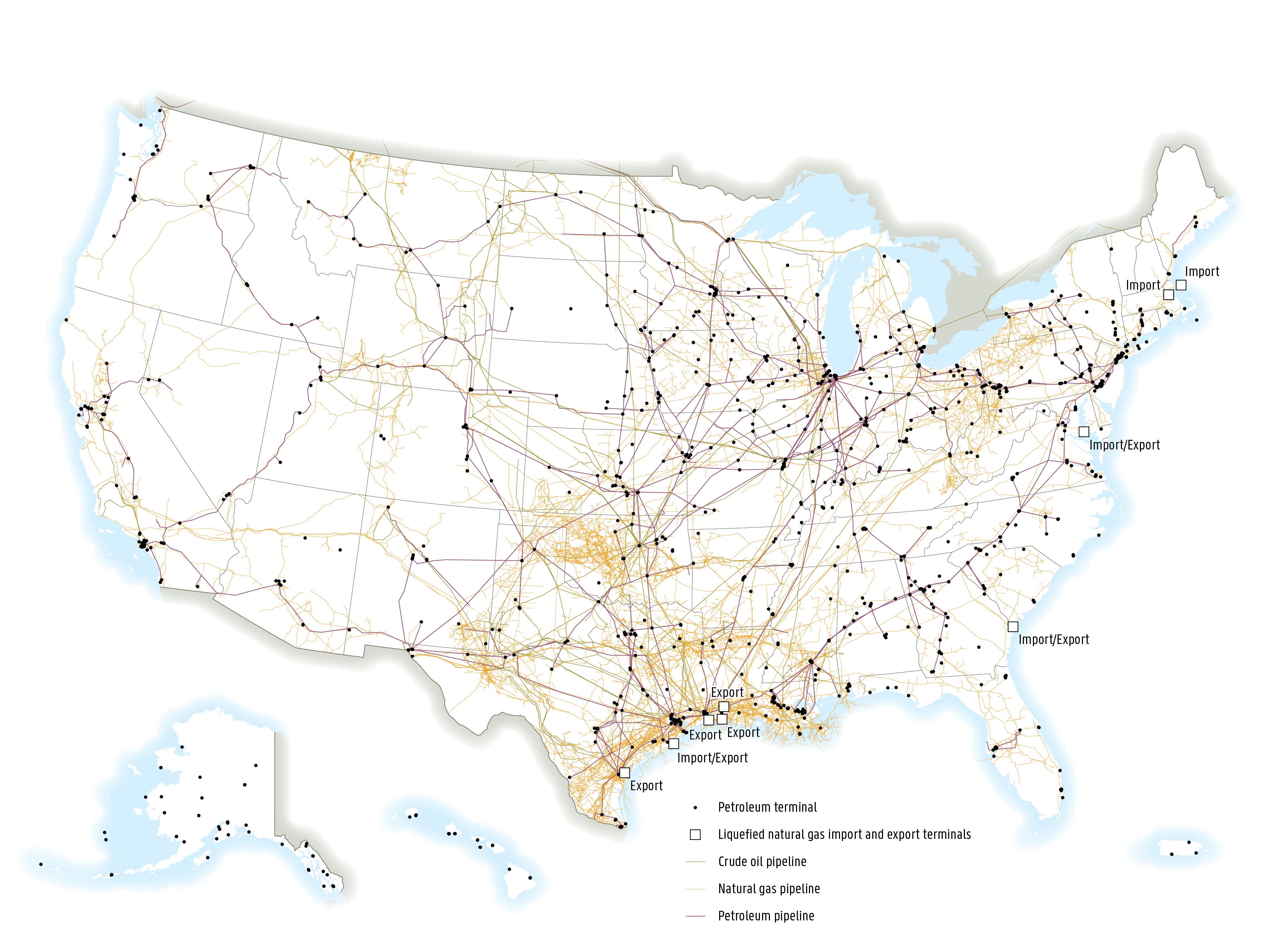 This map depicts major petroleum product infrastructure in the contiguous United States, Alaska, Hawaii, and Puerto Rico. The following infrastructure elements are shown: petroleum terminals, liquefied natural gas import and export terminals, crude oil pipelines, natural gas pipelines, and petroleum pipelines. Petroleum terminals are scattered across the 50 states and Puerto Rico. Liquefied natural gas import and export terminals appear along the east coast of Texas, Georgia, Maryland, and Massachusetts. Cr