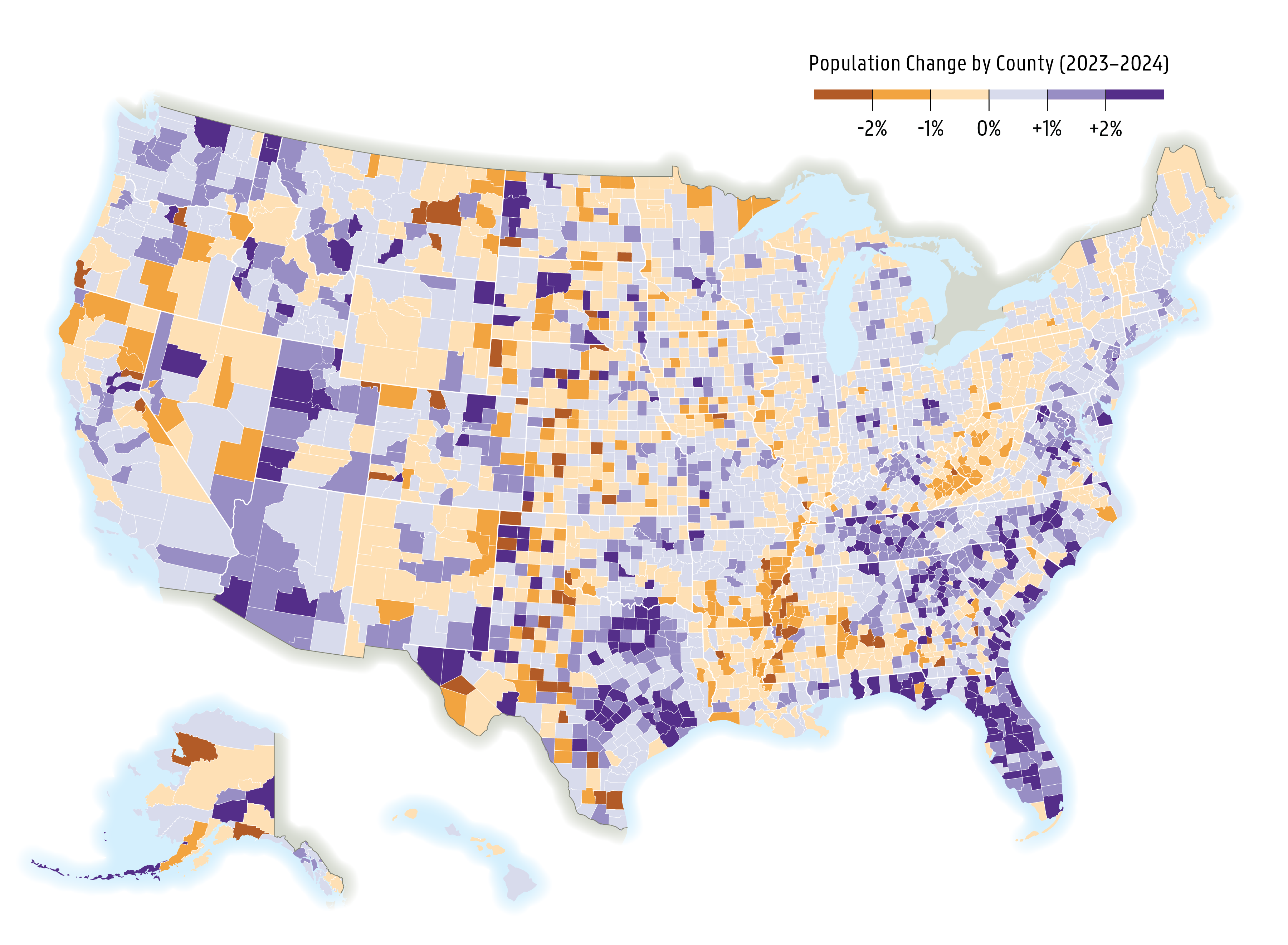 This choropleth map depicts the percent change in population of U.S. counties and county equivalents from 2023 to 2024. Approximately 60 percent of counties experienced population gains in this time. Western Utah, the Texas Triangle, and the state of Florida experienced high population growth whereas rural counties in the middle of Appalachia and southern Mississippi River delta regions experienced population losses. Major metropolitan areas in the rest of the country consistently experienced modest populat