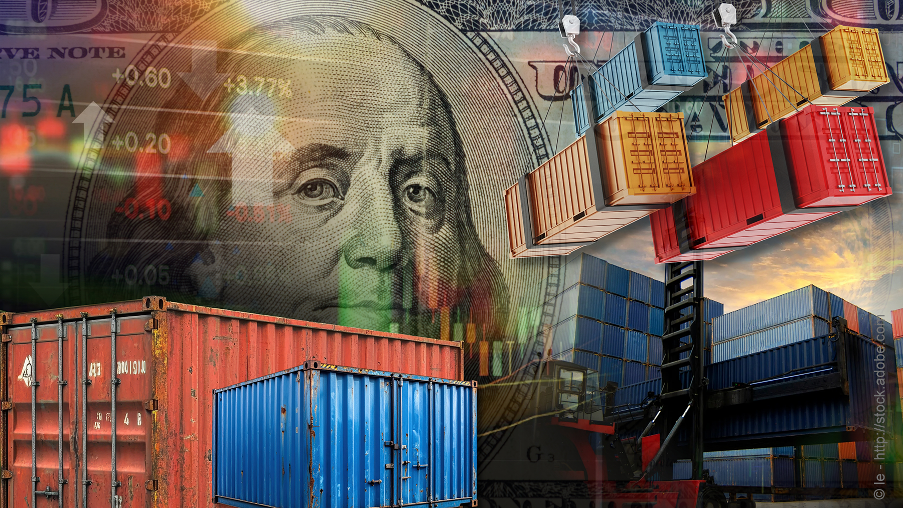 Complex geopolitical shifts and US dollar fluctuations are impacting global imports, exports, and maritime trade. This is illustrated by images of shipping containers, the 100-dollar banknote. By Le