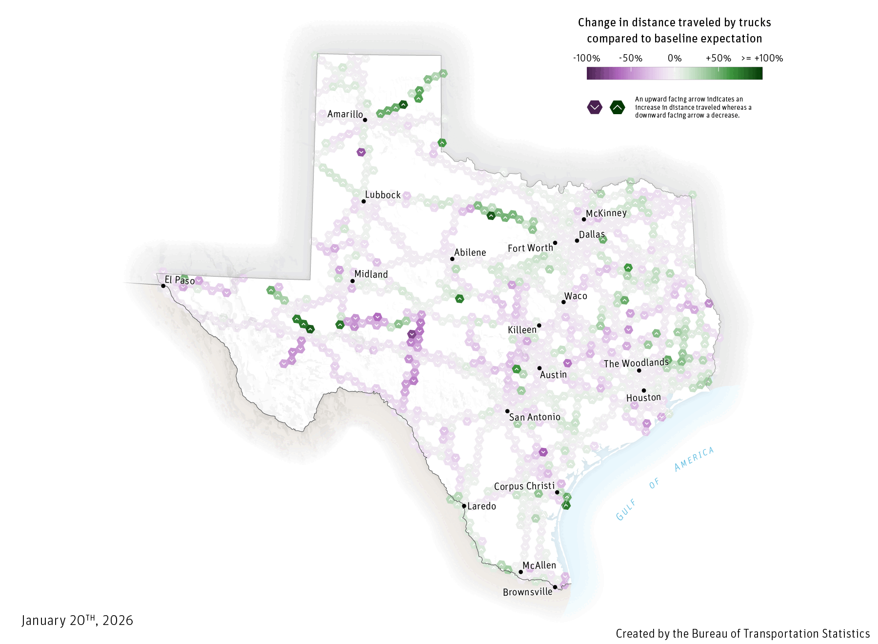 A gif depicting the movement of trucks during the January 23–27, 2026 North American winter storm. The first frame begins on January 20th, and each subsequent day is depicted until February 1st. As snow begins to fall, metropolitan areas inside the Texas triangle see a sharp decrease in distance traveled until weather conditions improved towards the end of January. 