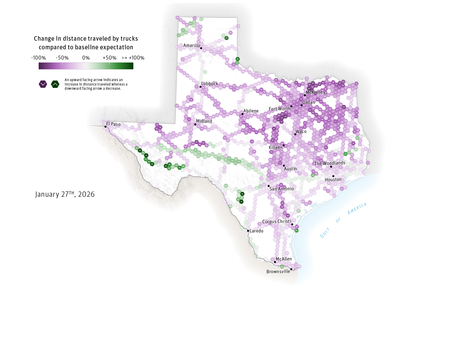A map depicting the movement of trucks during the January 23–27, 2026 North American winter storm. The first frame begins on January 20th, and each subsequent day is depicted until February 1st. As snow begins to fall, metropolitan areas inside the Texas triangle see a sharp decrease in distance traveled until weather conditions improved towards the end of January.