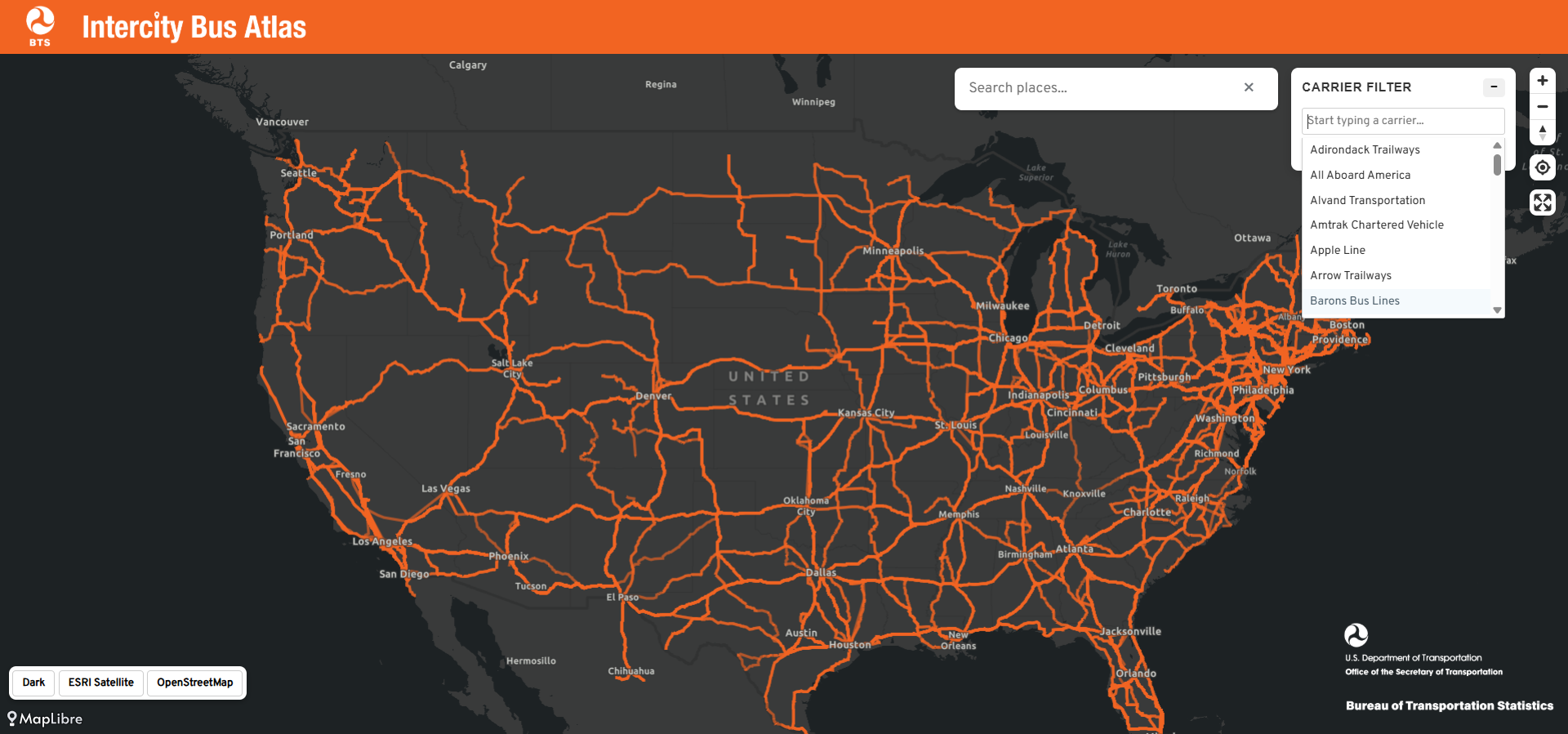 Screenshot depicting the web map of the Intercity Bus Atlas.