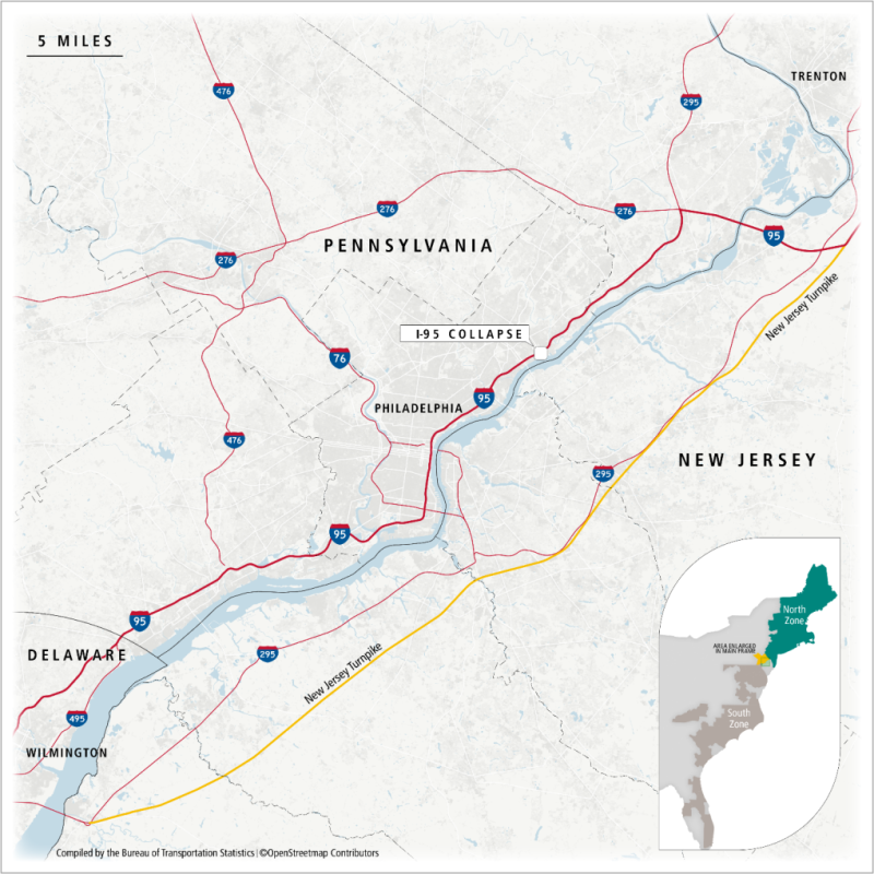 "map showing alternative routes around the I-95 overpass collapse"