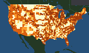 A map of access to intercity transportation to rural areas.