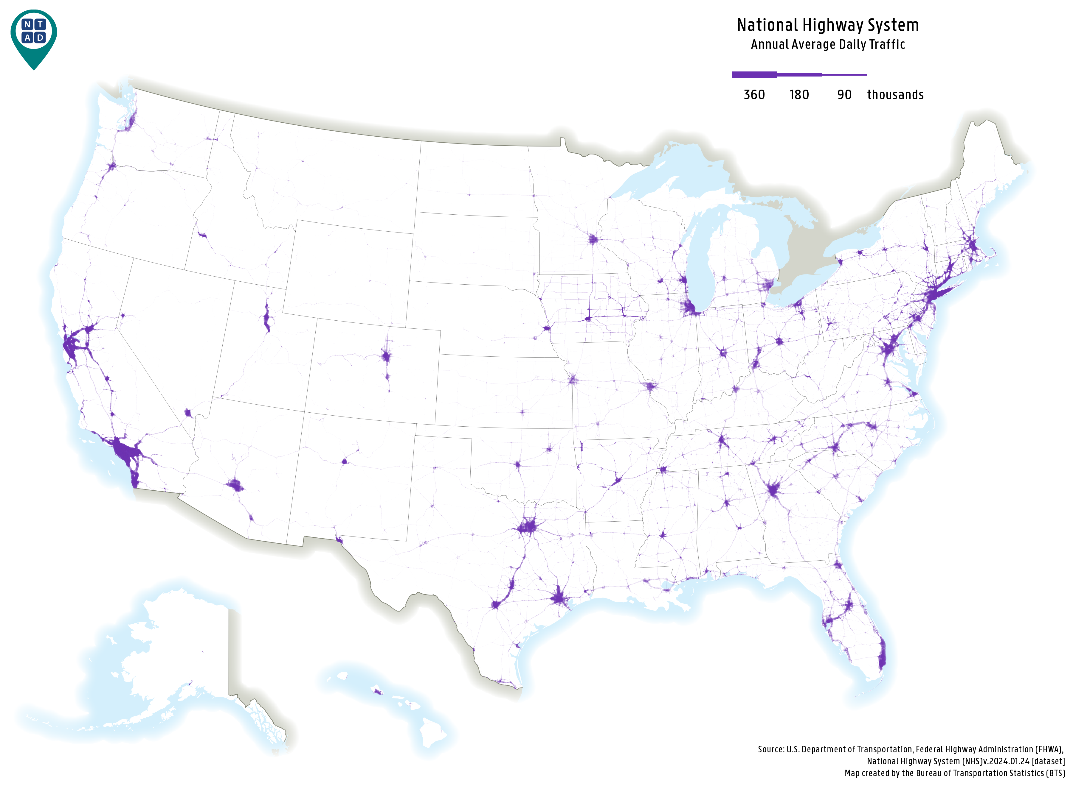 Map of the national highway system, annual average daily traffic