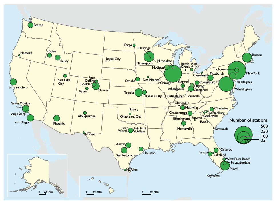 Docked bikeshare systems can be found nationwide, mainly in urban areas