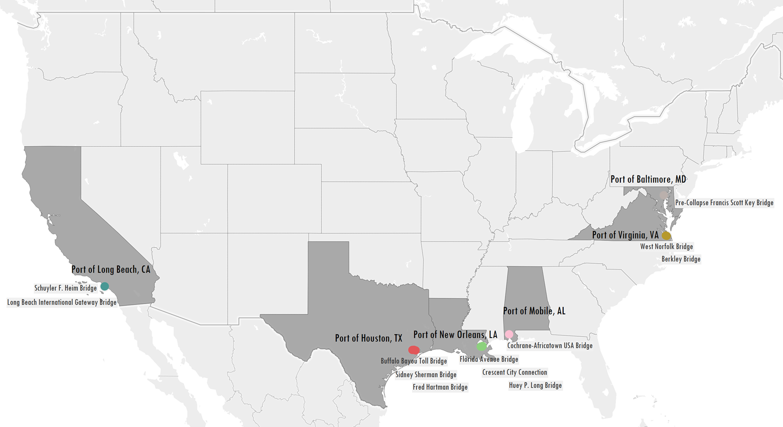 Map showing the Six Top-Ranking Ports with Navigation Channel Bridges