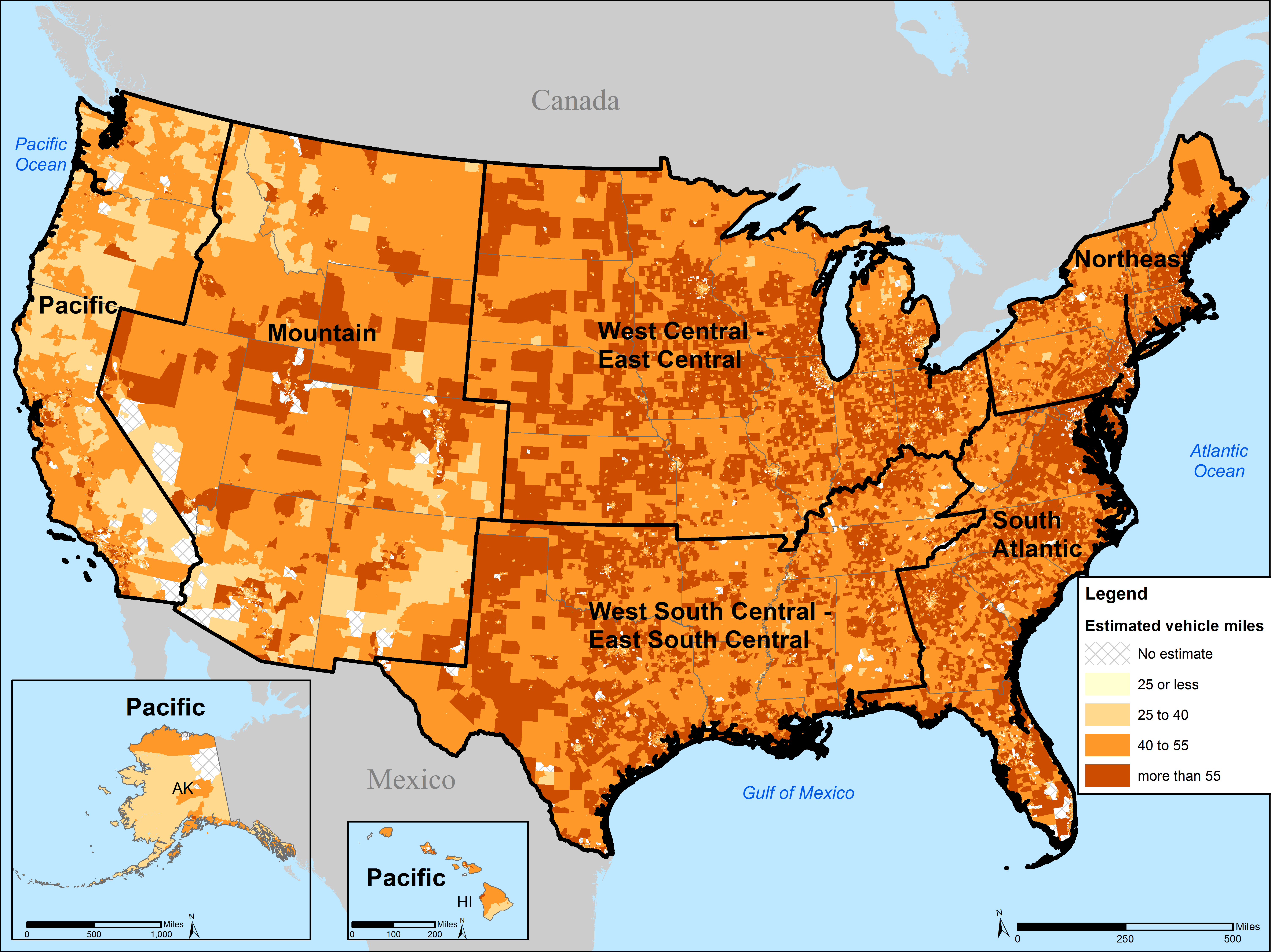 Map of US Census tracts colored by estimated vehicle miles traveled