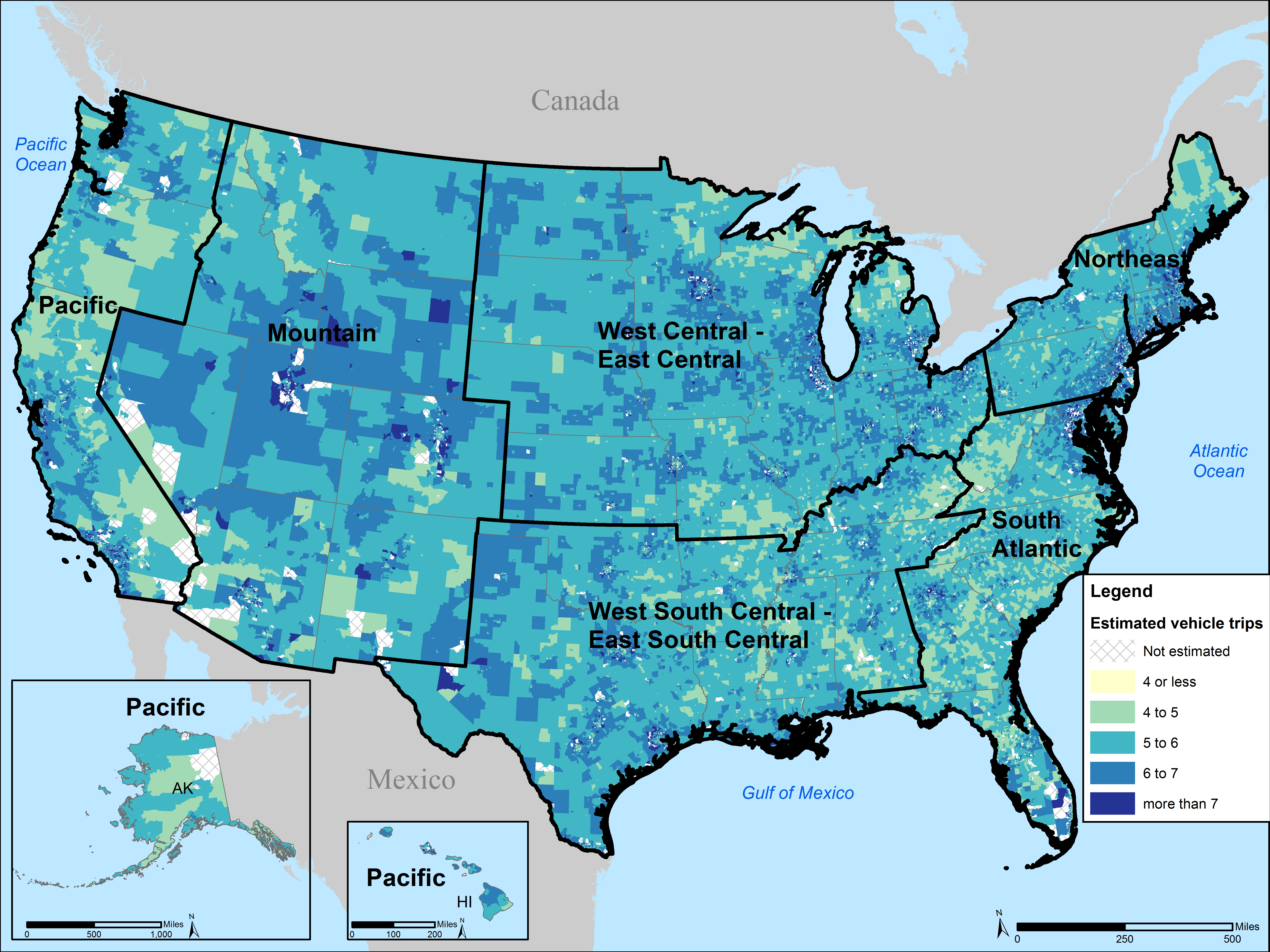 Map of US Census tracts colored by estimated vehicle trips