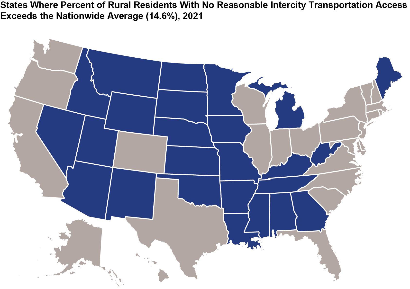 Map showing states where percent of rural residents with no reasonable intercity transportation access exceeds the nationwide average