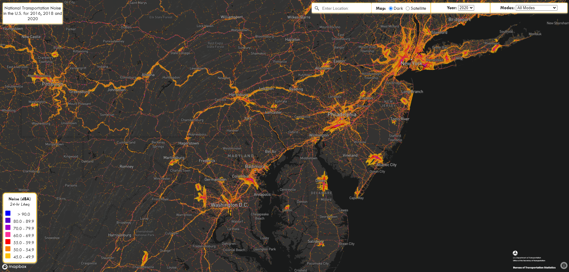 Screenshot of the National Transportation Noise Map