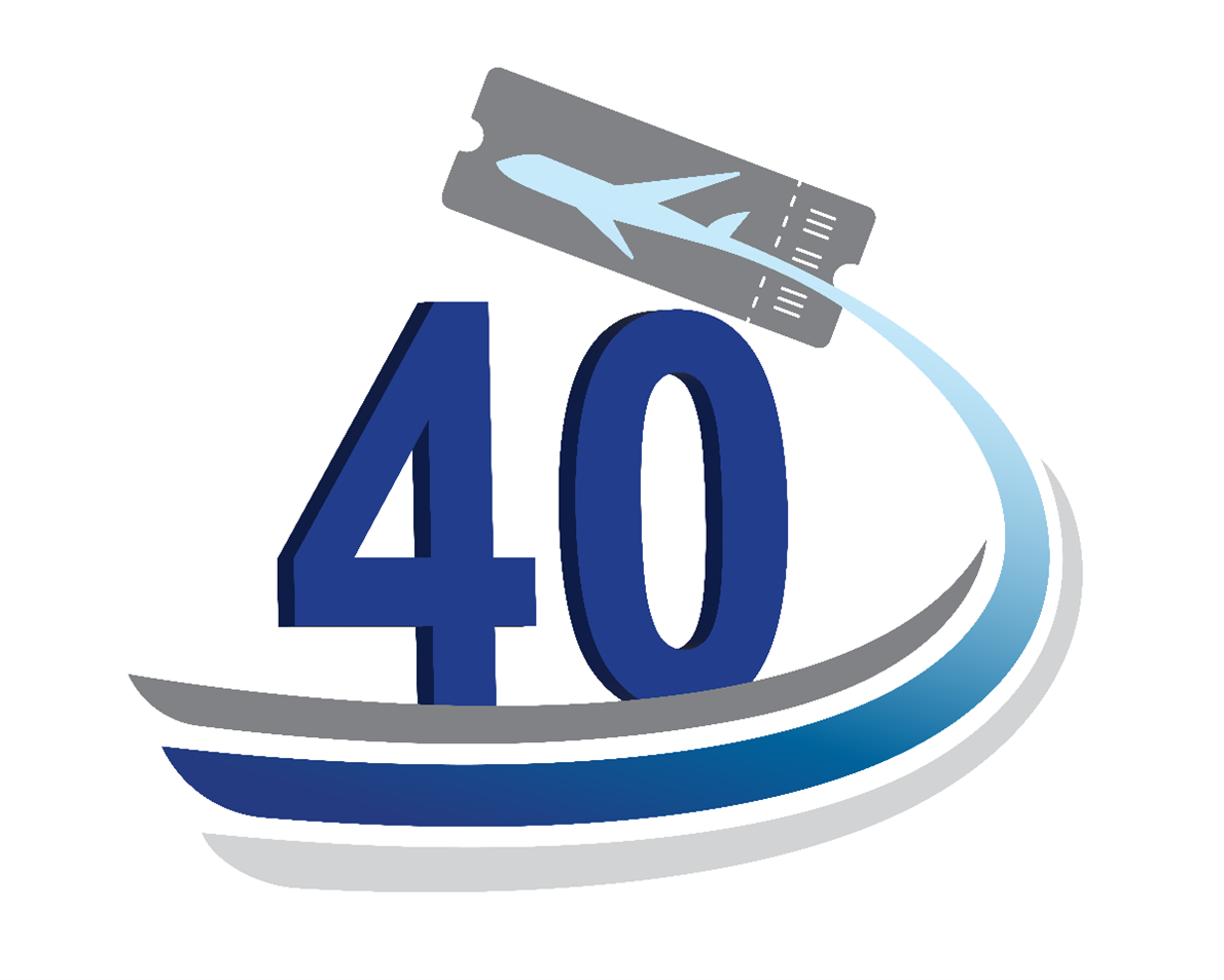 Graphic of the number "40" in bold blue text, with a stylized airplane ticket above it