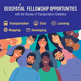 An advertisement showing illustrated people as applicants for Geospatial Fellowship Opportunities with the Bureau of Transportation Statistics that will cover transportation, data, learning, mapping, data, and developing.