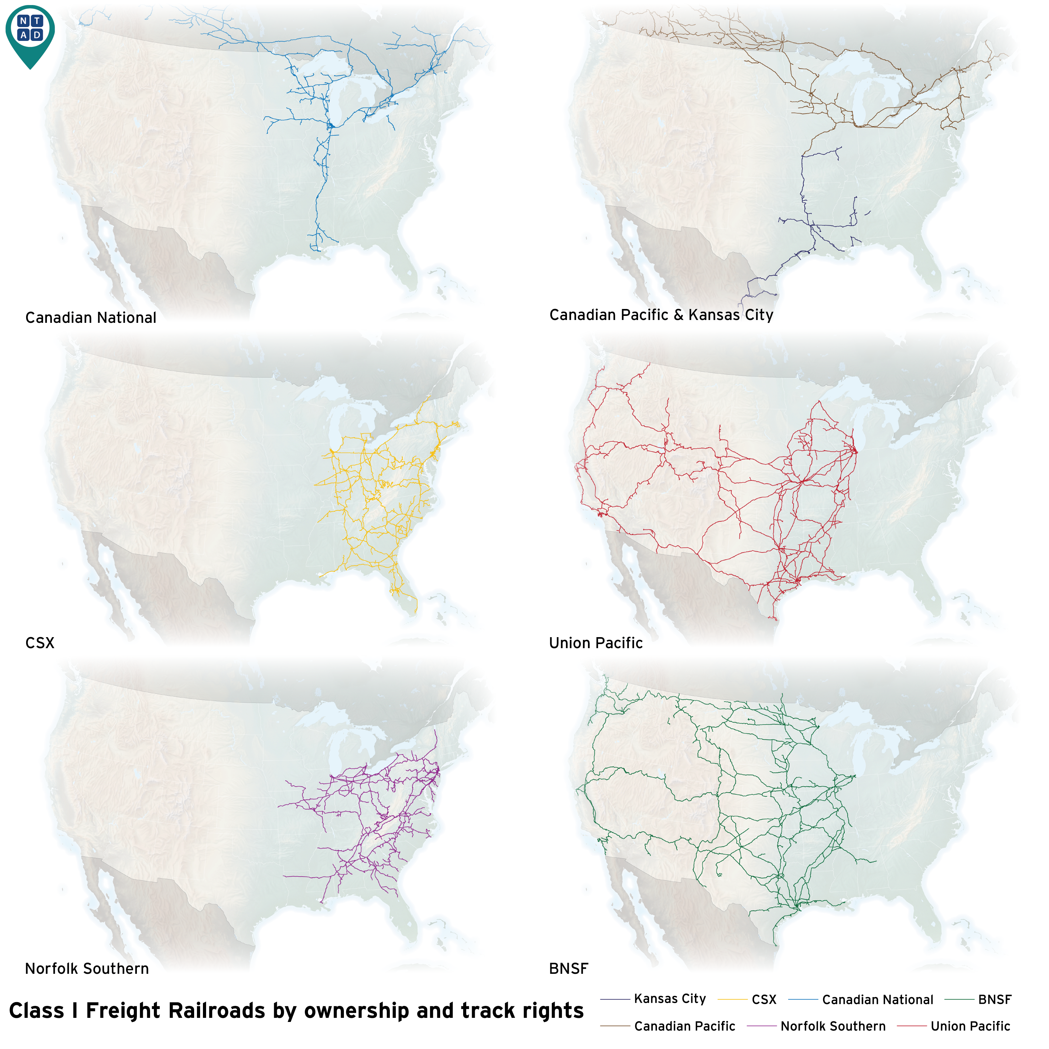 Picture of 6 maps showing Class I Freight Railroads by ownership and track rights