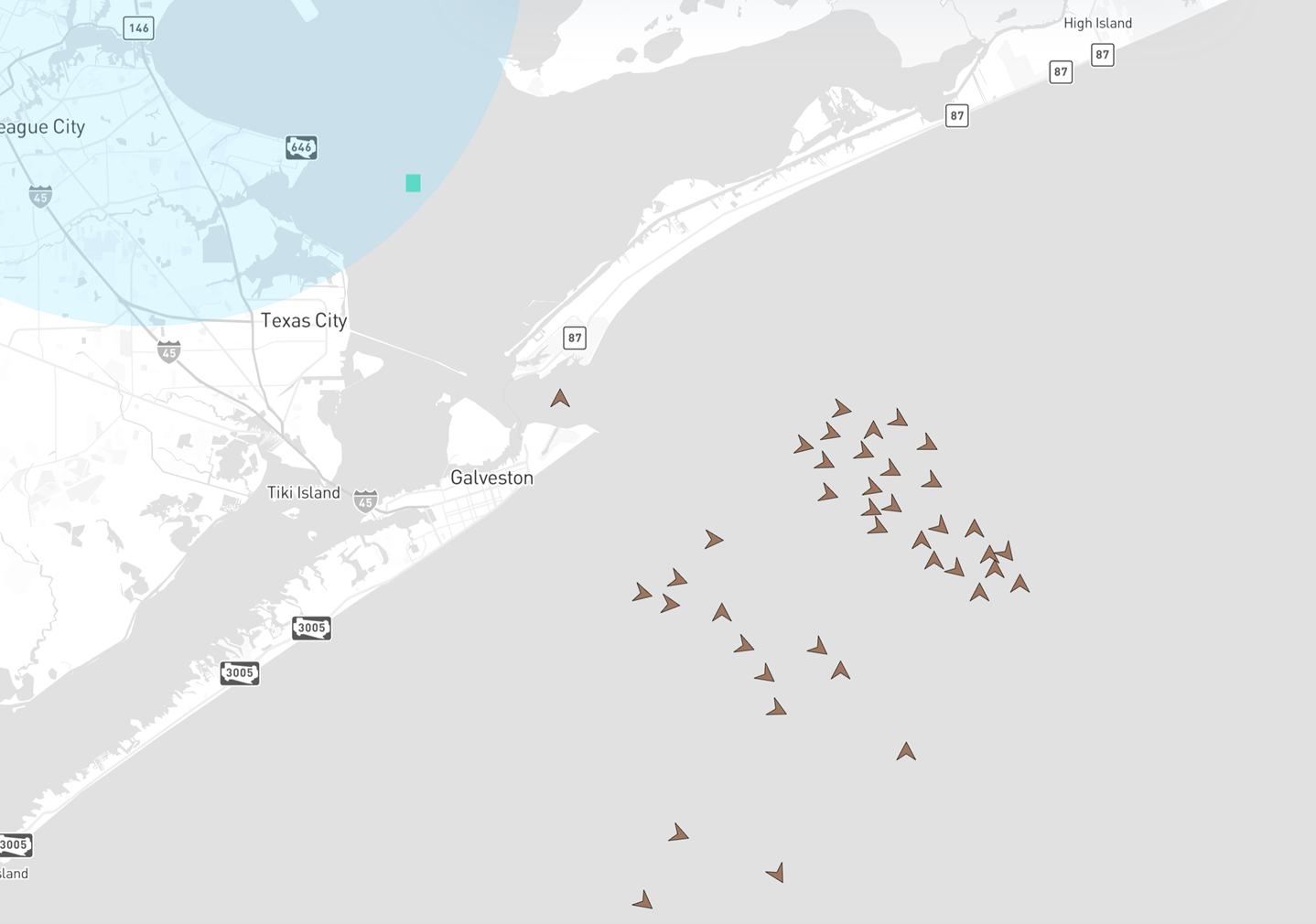 Map showing Tankers at Anchor off the Port of Houston on April 4, 2025.