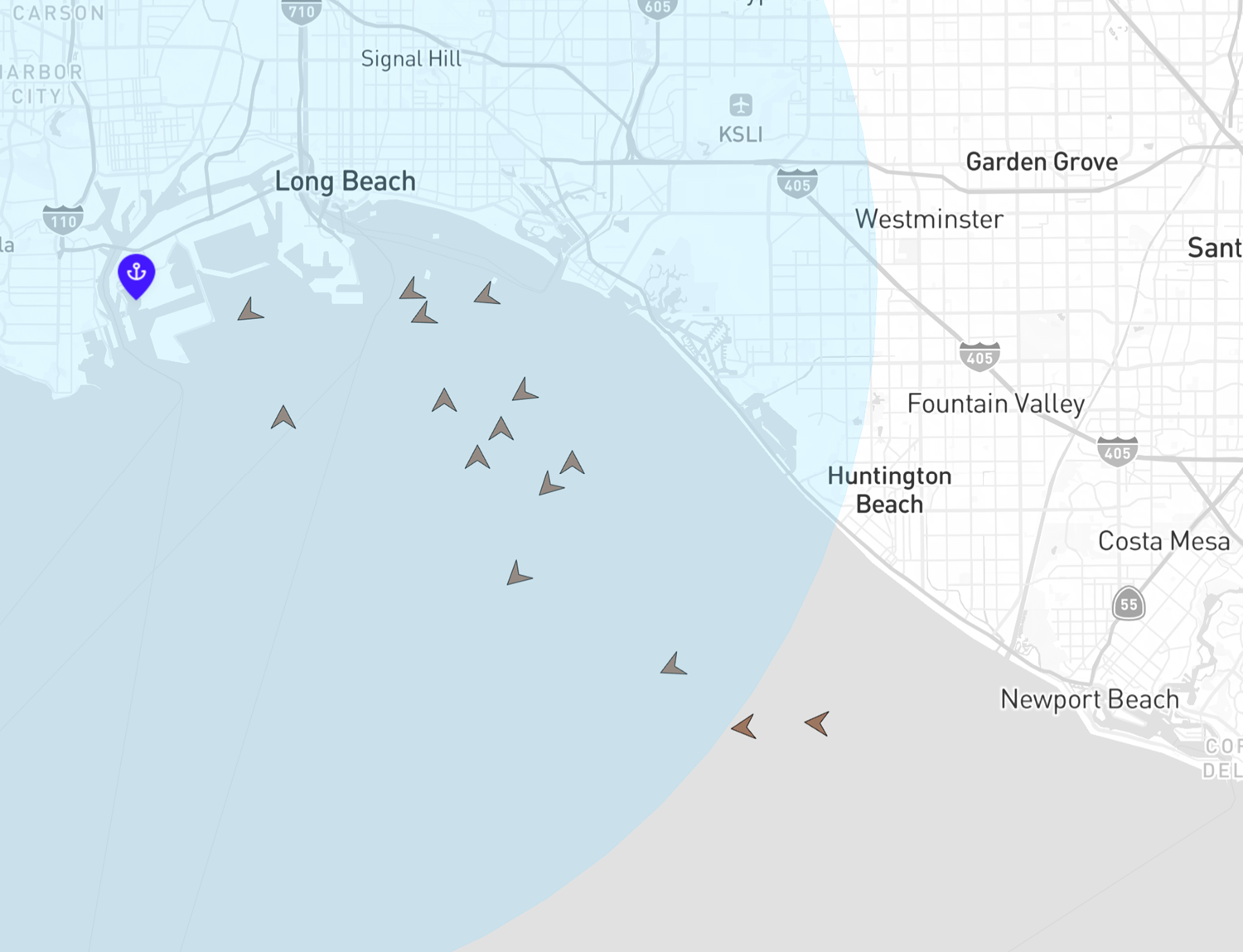 Map showing Tankers at Anchor off the Ports of Long Beach and Los Angeles on April 4, 2025.