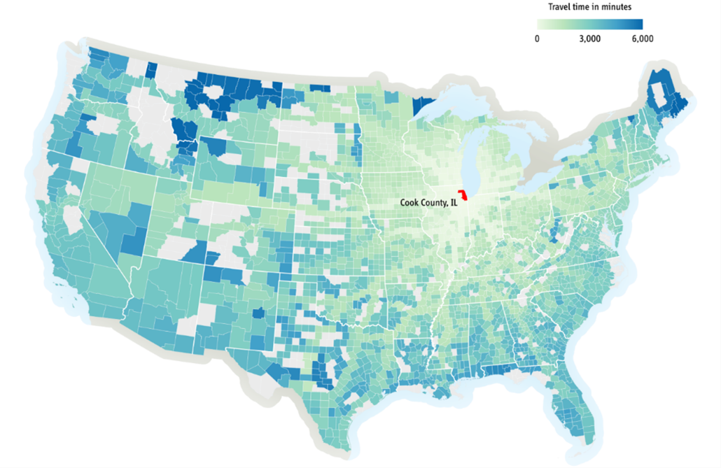 Choropleth map of the United States showing median travel times for freight trucks departing Cook County, IL, at the county level