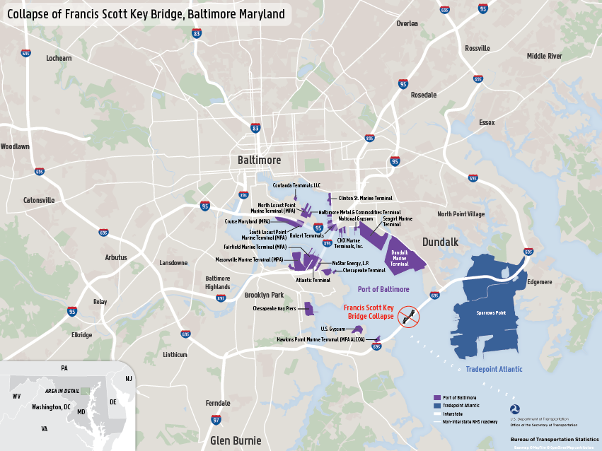 A map depicting the location of the collapsed Francis Scott Key Bridge and nearby transportation infrastructure in Baltimore, Maryland.