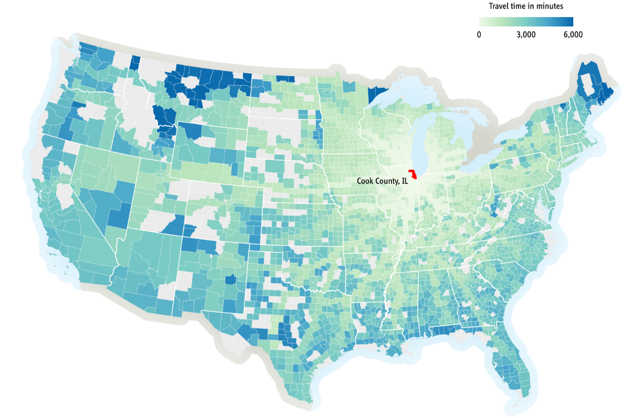This choropleth map of the contiguous United States shows the estimated median travel times for all freight trucks departing Cook County, Illinois, to all other U.S. counties. In general, travel times gradually increase the further trucks travel from Cook County, but travel times into counties with interstates are significantly lower than into neighboring counties without them. Additionally, some counties do not have estimated travel times.