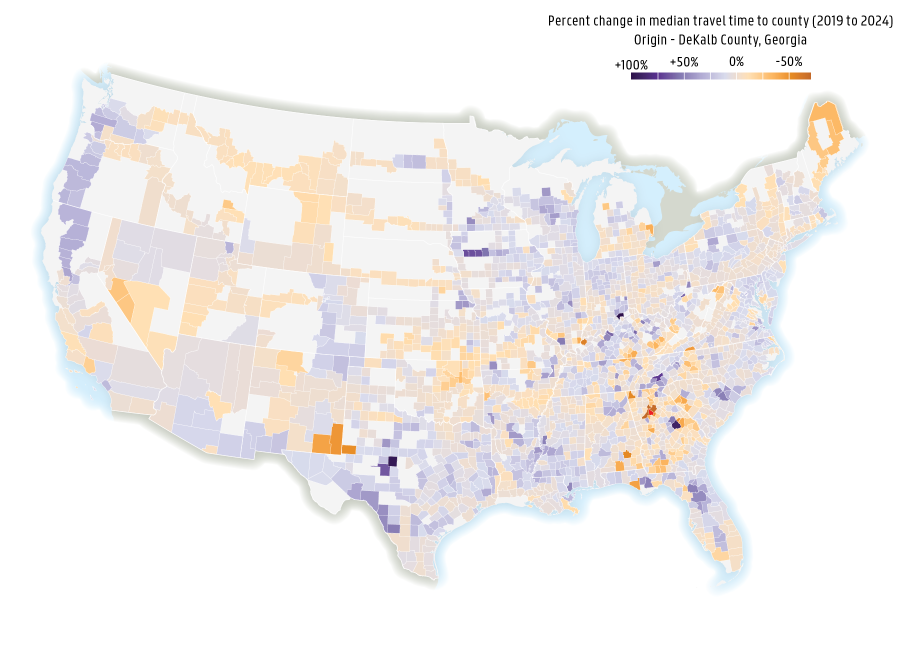 A choropleth map depicting the change in median travel time of trucks to counties in the continental U.S. from DeKalb county, Georgia between 2019 and 2024. 