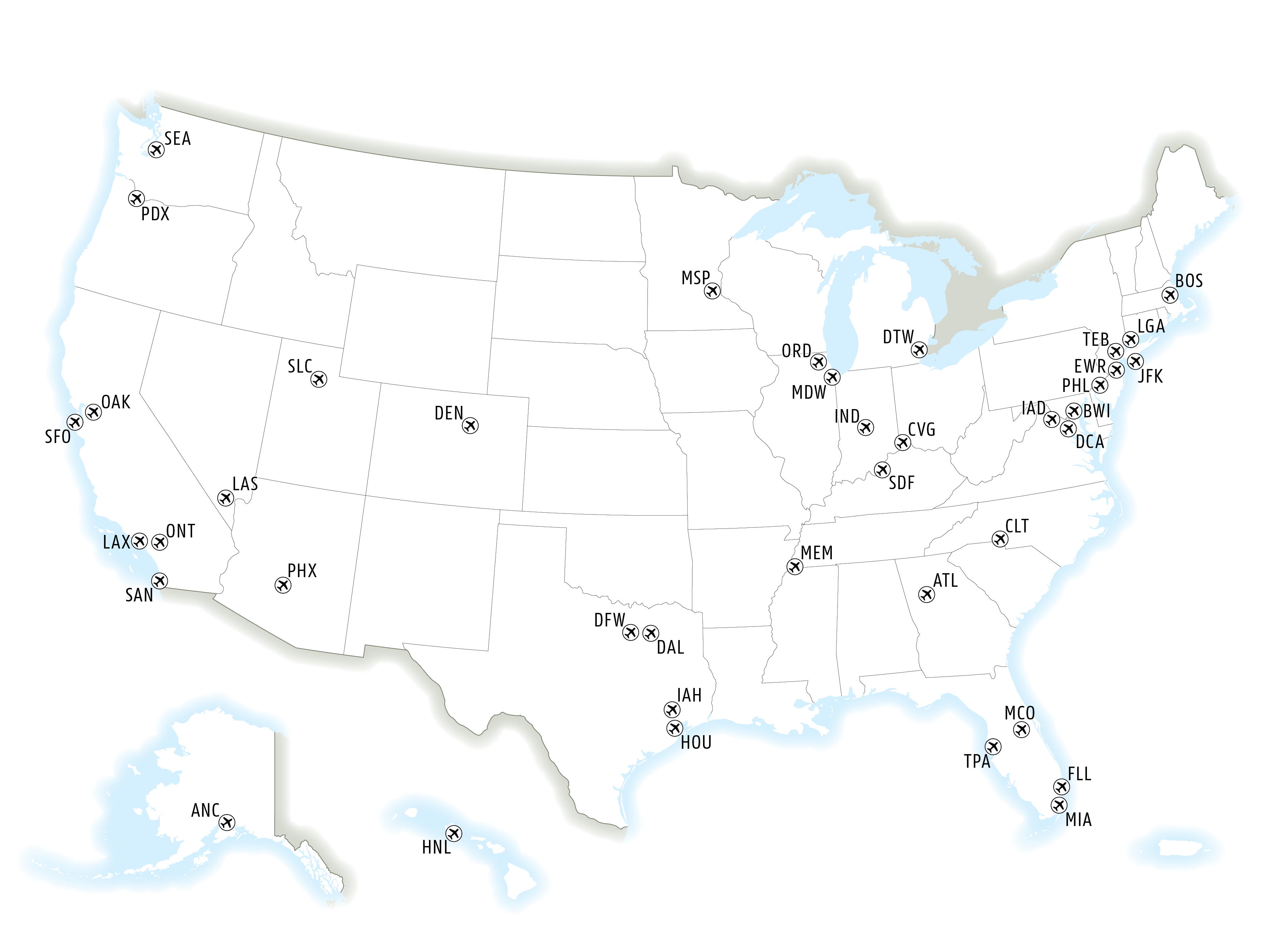 map of the United States with airports noted