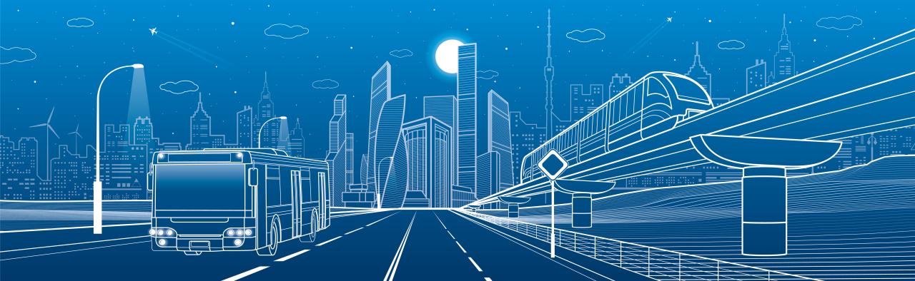 City infrastructure and public transportation panorama in the style of a blueprint