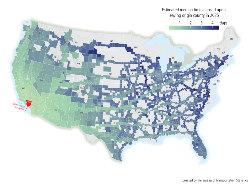 This map depicts the observed 2025 median travel time of trucks to arrive in a county in the contiguous United States upon leaving Los Angeles County, California. Counties on the west coast have the shortest elapsed travel time from LA County with increasing travel times as distance increases. Counties without interstate access or major population centers tend to have higher elapsed time than neighboring counties with these features.