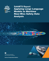 Report cover including images of a container ship, a ferry, a tugboat, SafeMTS and USDOT/BTS logos