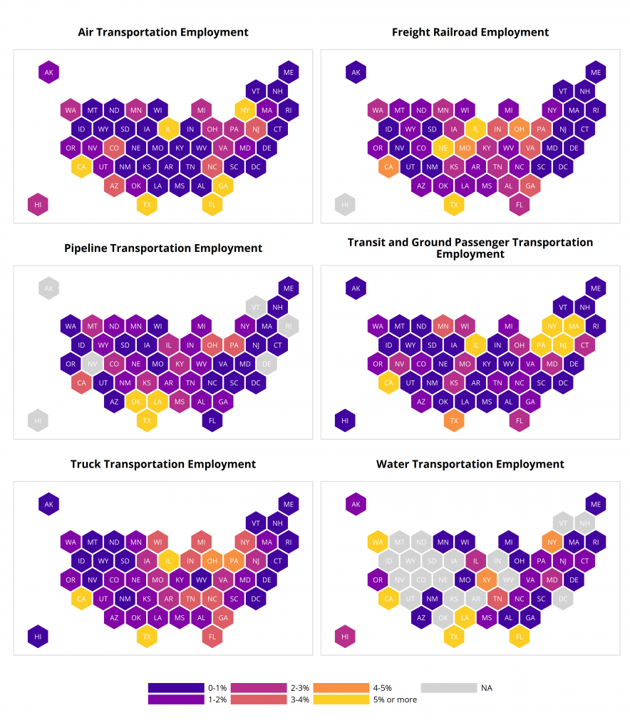 State Share of National Transportation Industry Employment by Mode, 2016 (2015 for Freight Railroad)
