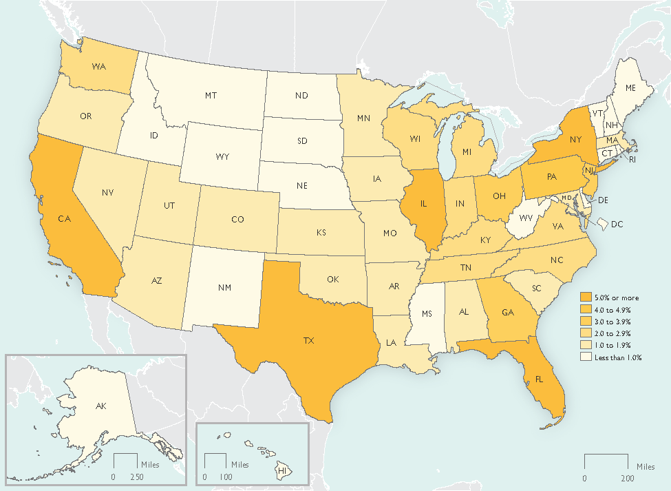 US Map of  State Share of National Transportation Employment, 2016
